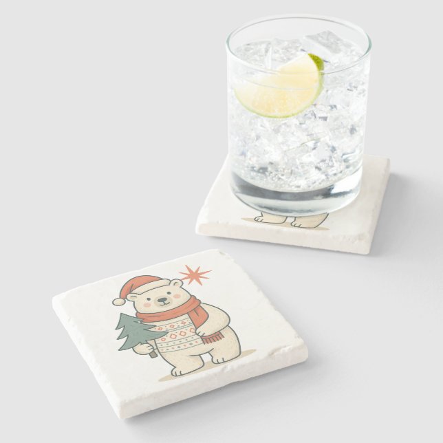 Posavasos De Piedra Cute Christmas Polar Bear Scandinavian Winter  (Lateral)