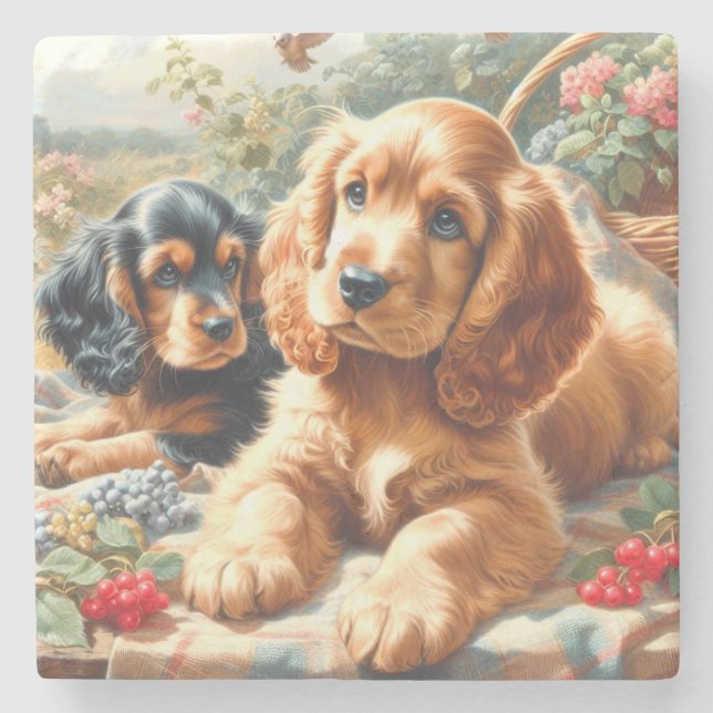 Posavasos De Piedra Cute Cocker Spaniel Painting (Anverso)