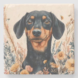 Posavasos De Piedra Cute Dachshund con pintura de flores silvestres