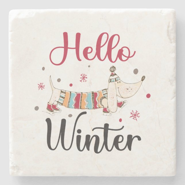 Posavasos De Piedra Cute Dog Hello Winter (Anverso)