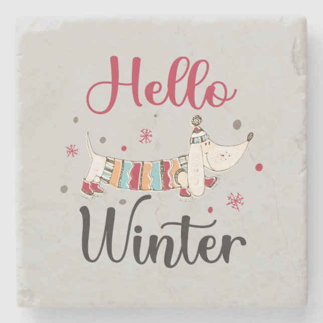 Posavasos De Piedra Cute Dog Hello Winter (Anverso)