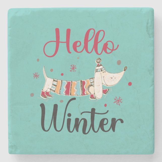 Posavasos De Piedra Cute Dog Hello Winter (Anverso)