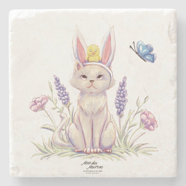 Posavasos De Piedra Cute Easter Cat with Chick Illustration (Anverso)