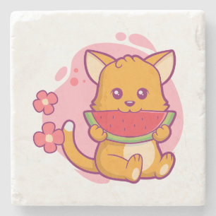 Posavasos De Piedra Cute gato comiendo sandía   Kawaii