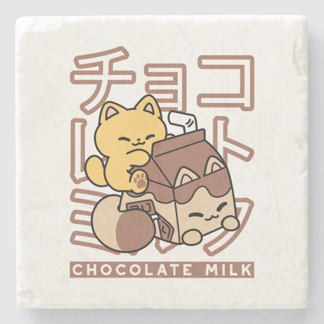 Posavasos De Piedra Cute gato montando leche de chocolate Carton Kawai (Anverso)