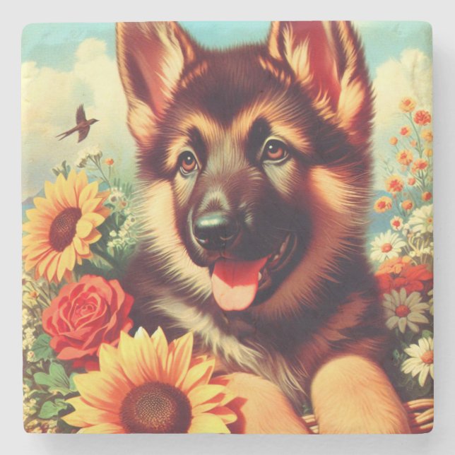 Posavasos De Piedra Cute German Shepherd Pinting (Anverso)