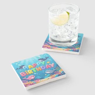 Posavasos De Piedra Cute Happy Birthday nautical dolphin