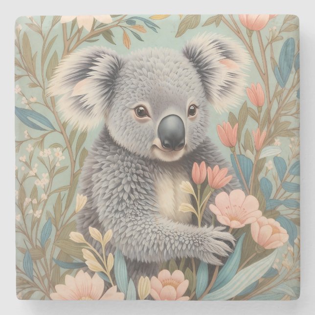Posavasos De Piedra Cute Koala Elegant Pastel Floral (Anverso)