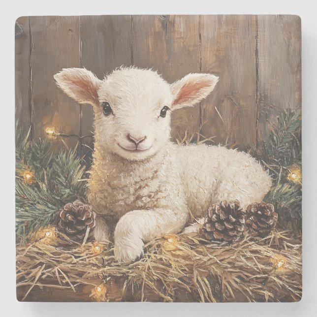 Posavasos De Piedra Cute Navidades Lamb Rústica Pintura (Anverso)