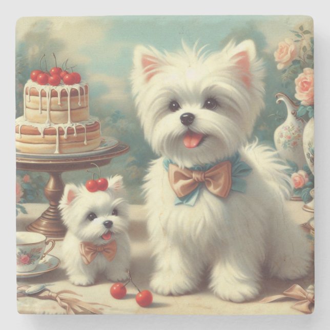 Posavasos De Piedra Cute pintura maltesa de cachorros (Anverso)