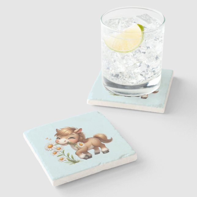 Posavasos De Piedra Cute Pony Eating Daisies (Lateral)