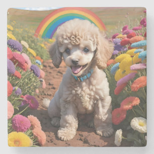 Posavasos De Piedra Cute Poodle Flor colorida y arcoiris