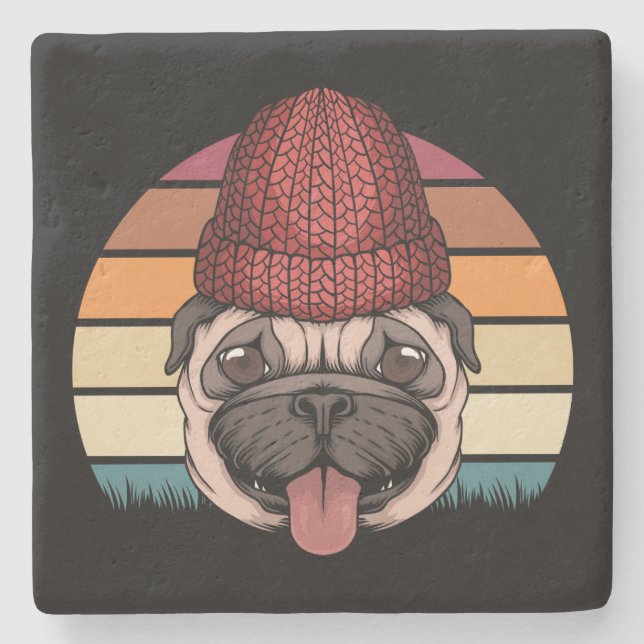Posavasos De Piedra Cute pug en invierno Gorra diseño retro (Anverso)