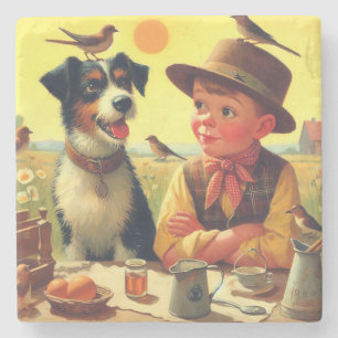 Posavasos De Piedra Cute retro perro y pintura infantil