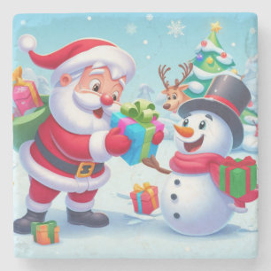 Posavasos De Piedra Cute Santa y Snowman