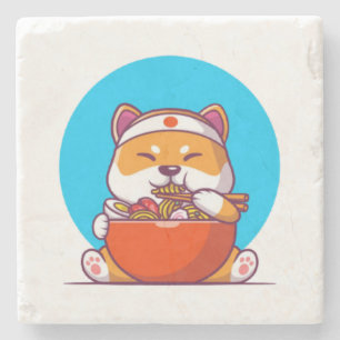 Posavasos De Piedra Cute Shiba Inu comiendo fideos Ramen Personalizado