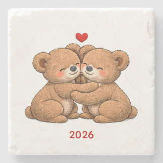 Posavasos De Piedra Cute Teddy Bear Couple in Love – Embroidered Style