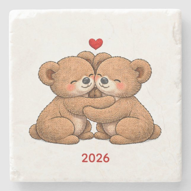 Posavasos De Piedra Cute Teddy Bear Couple in Love – Embroidered Style (Anverso)