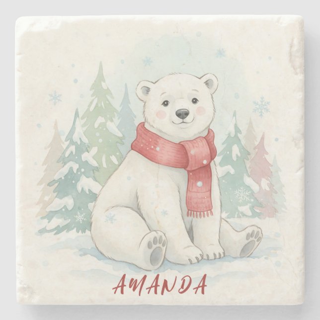 Posavasos De Piedra Cute watercolor Polar Bear Winter  (Anverso)