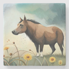 Posavasos De Piedra Cuto pony marrón en el campo floral