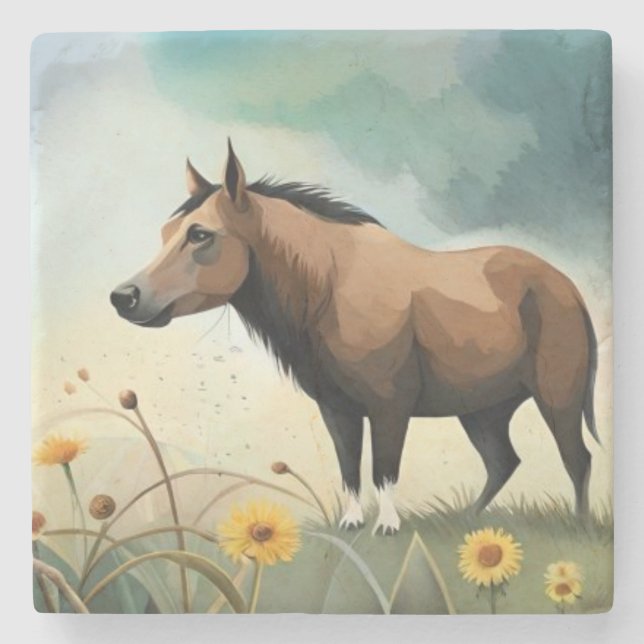 Posavasos De Piedra Cuto pony marrón en el campo floral (Anverso)