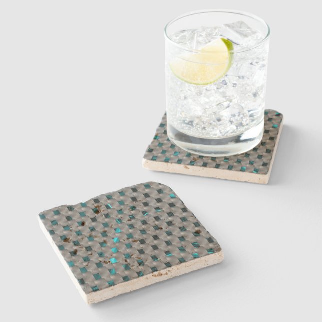 Posavasos De Piedra Cyan image under grey plates, rectangle shapes (Lateral)