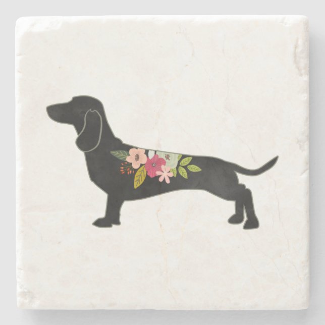 Posavasos De Piedra Dachshund Bohemian Floral Silhouette (Anverso)