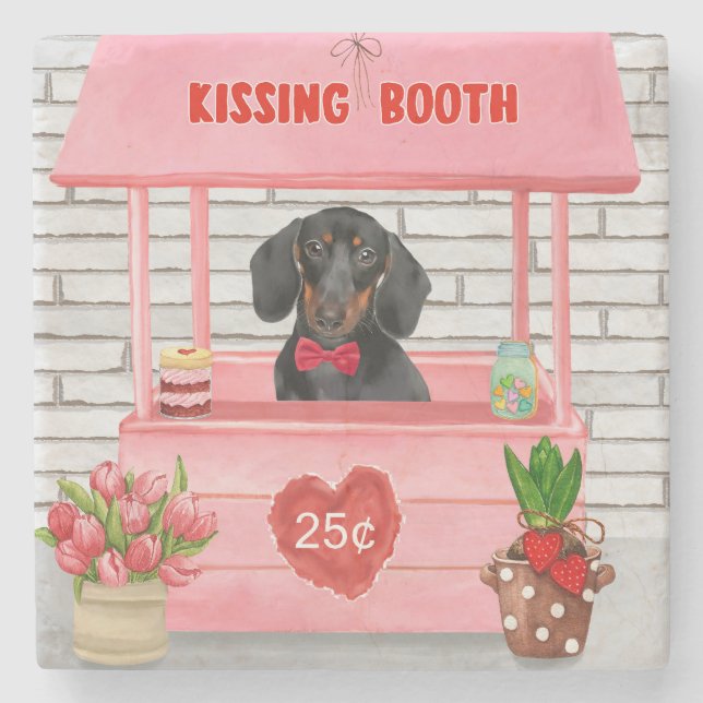 Posavasos De Piedra Dachshund Dog El día de San Valentín Kissing Booth (Anverso)