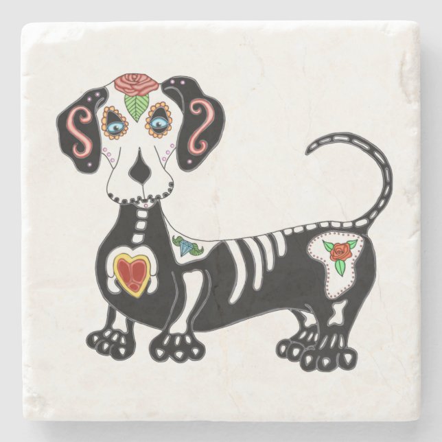 Posavasos De Piedra Dachshund Sugar Skull (Anverso)