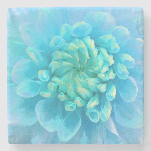 Posavasos De Piedra Dahlia azul turquesa flor en acuarela (Anverso)