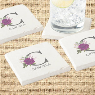 Posavasos De Piedra Dahlia Floral Burgundy Alfabeto Letra Monograma O