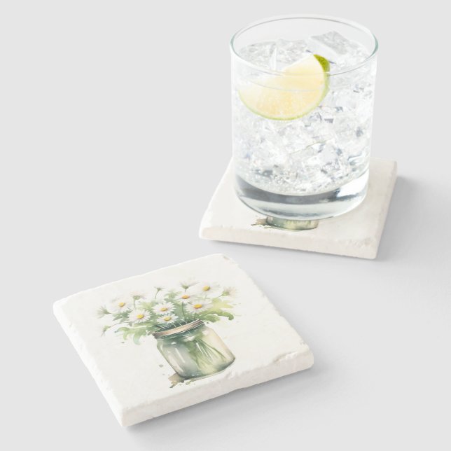Posavasos De Piedra Daisy Bouquet De Acuarela En Mason Jar (Lateral)
