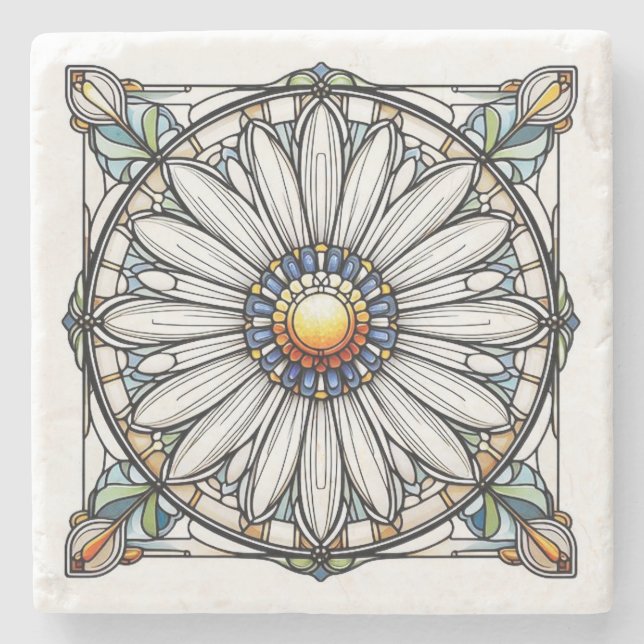 Posavasos De Piedra Daisy de vidrio manchado #2 (Anverso)