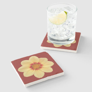 Posavasos De Piedra Dalia amarilla sobre floral rojo ladrillo