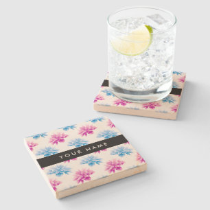 Posavasos De Piedra Dalia Rosa y Azul, Patrón Floral, Tu Nombre