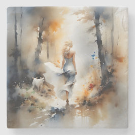 Posavasos De Piedra Dama Caminando Por Un Bosque