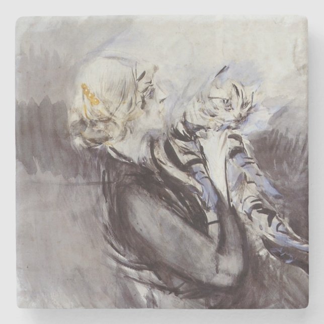 Posavasos De Piedra Dama con un gato gris (de Giovanni Boldini) (Anverso)