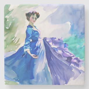 Posavasos De Piedra Dama con vestido azul - Pintura de color de agua