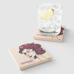 Posavasos De Piedra Dama Pirata Violeta Mujer Cabello Púrpura Dibujo A