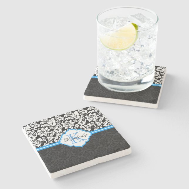 Posavasos De Piedra Damascos florales blancos y azules negros (Lateral)