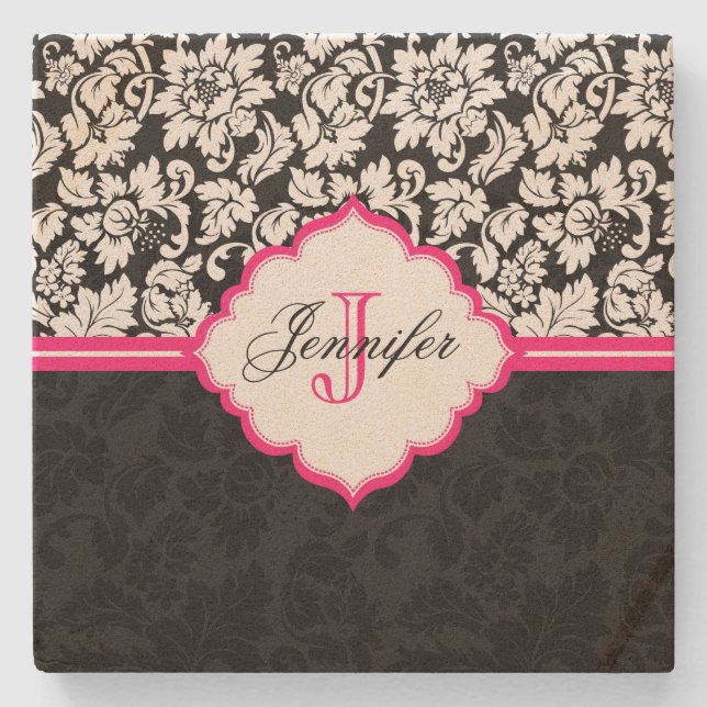 Posavasos De Piedra Damascos florales blancos y rosados negros (Anverso)