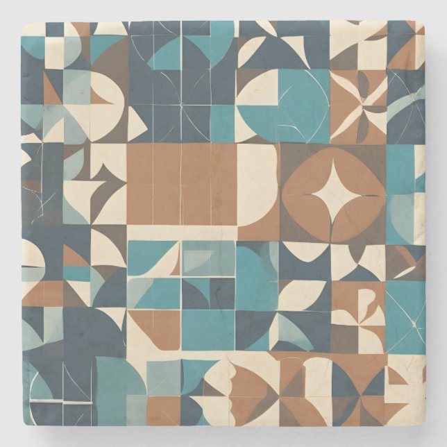 Posavasos De Piedra Dark Blue, Teal, Brown, and Tan Geometric Pattern (Anverso)