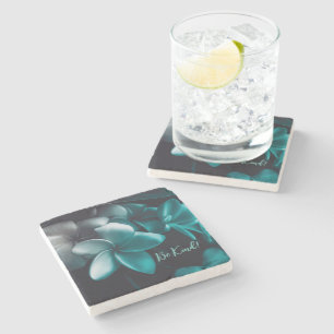 Posavasos de piedra de mármol diseño de flor teal