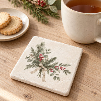 Posavasos de piedra de Navidad con eucalipto y bay