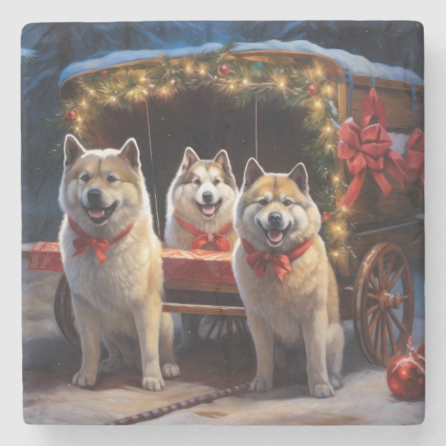 Posavasos De Piedra Decoración de los Navidades de Akita Snowy Sleigh  (Anverso)