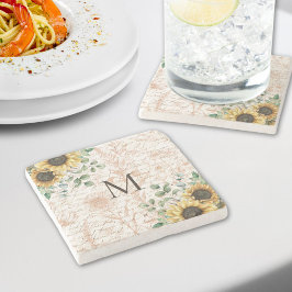 Posavasos De Piedra Decoupage de girasol rústico con monograma vintage