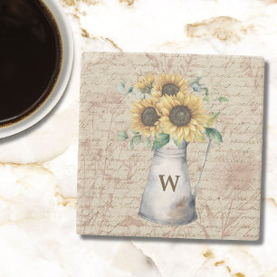 Posavasos De Piedra Decoupage de letra vintage de girasol rústico con 