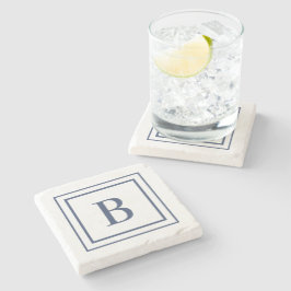 Posavasos De Piedra Deep Navy And White Square Border Monogram