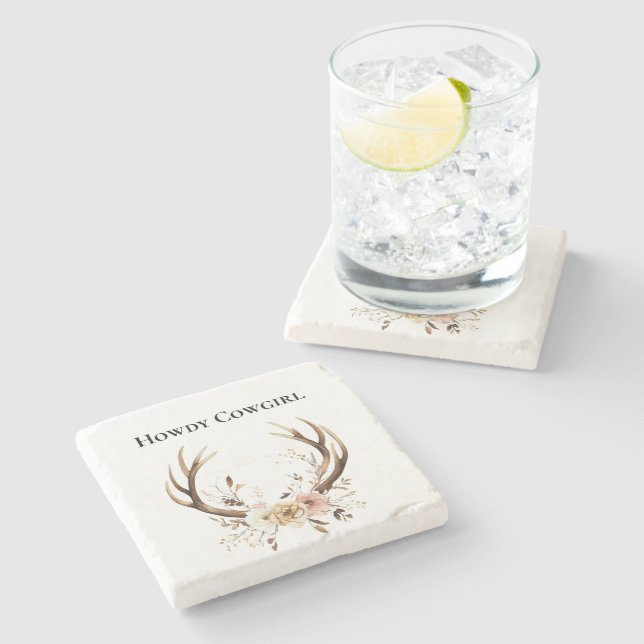 Posavasos De Piedra Deer Antlers Cowgirl Pink Floral (Lateral)