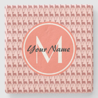Posavasos De Piedra Deer de salmón rosa monogramado, nombre personaliz